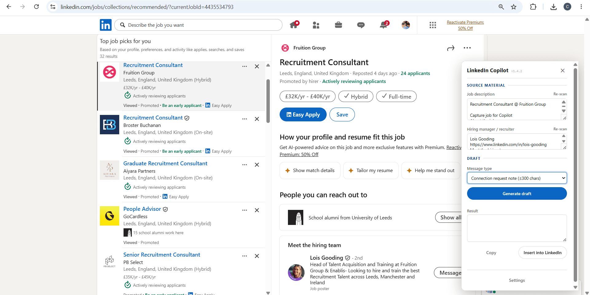 The panel auto-captures the job description and hiring manager info from the posting