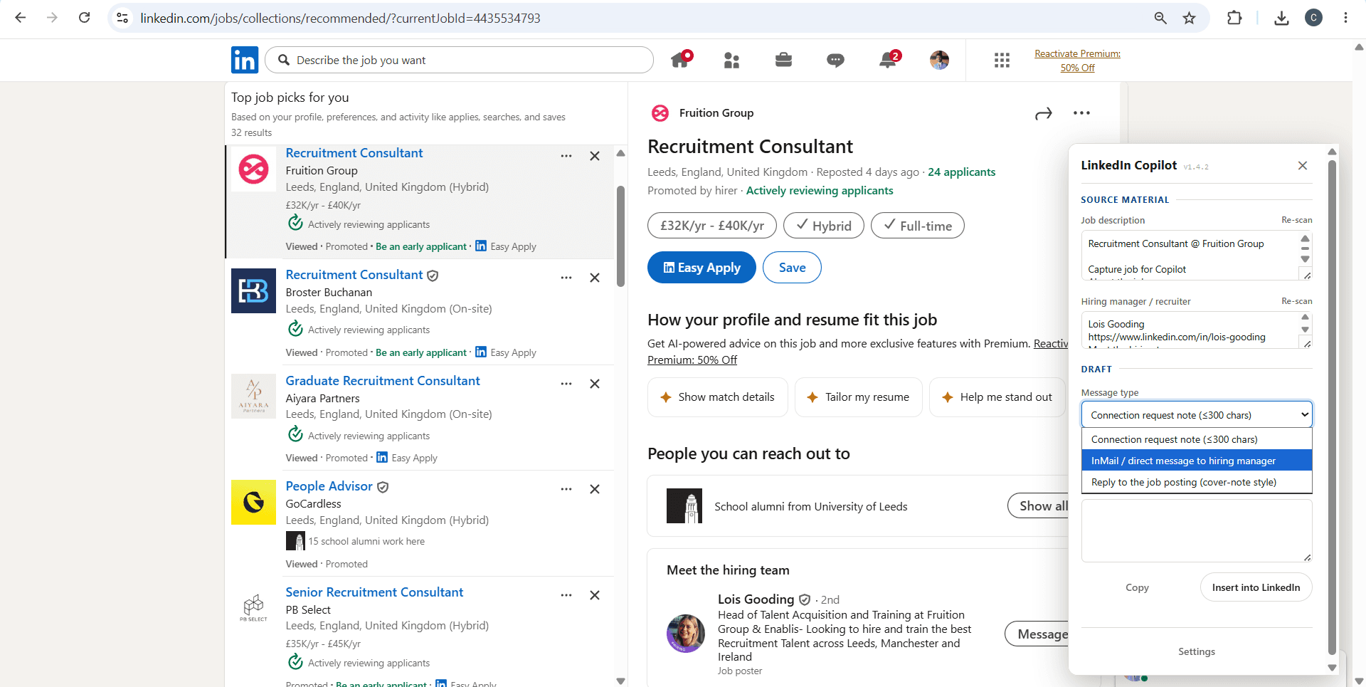 Choose a connection note, InMail, or a reply to the job posting