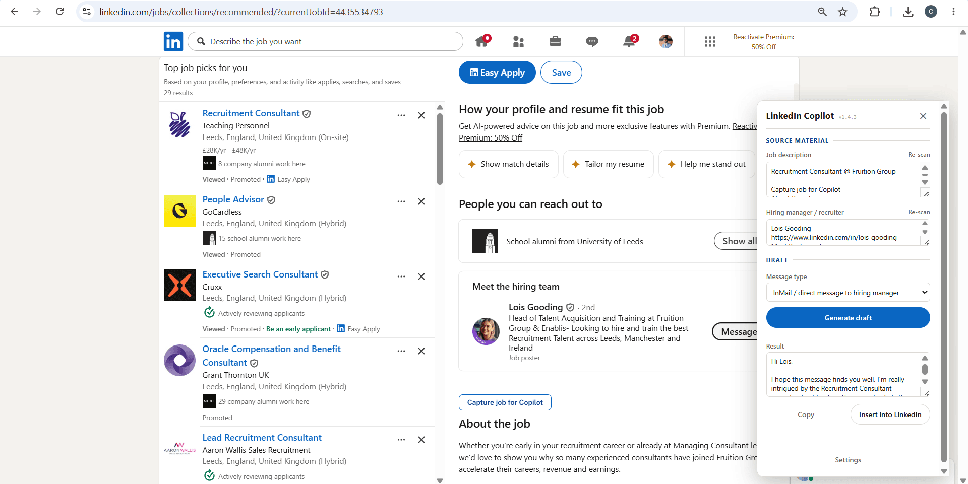 A quick-capture button also sits right above the job's "About the job" section