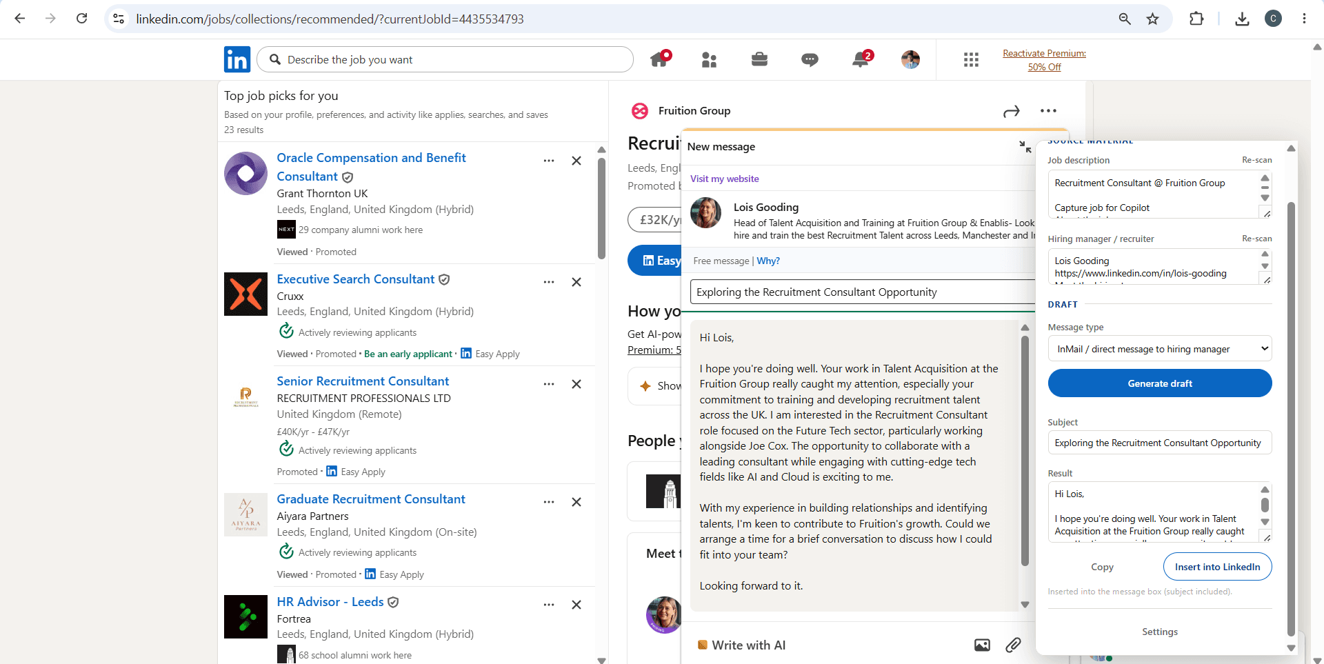 The generated draft, subject line included, inserted straight into LinkedIn's message box