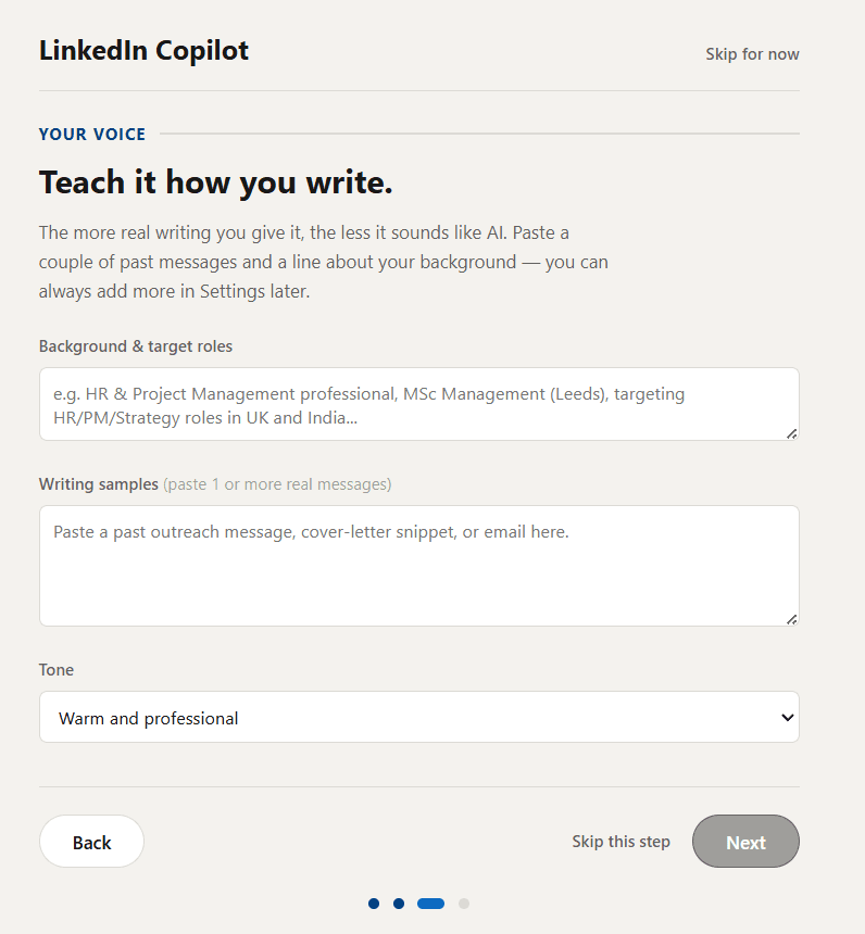 3. Your voice - background, writing samples, and tone