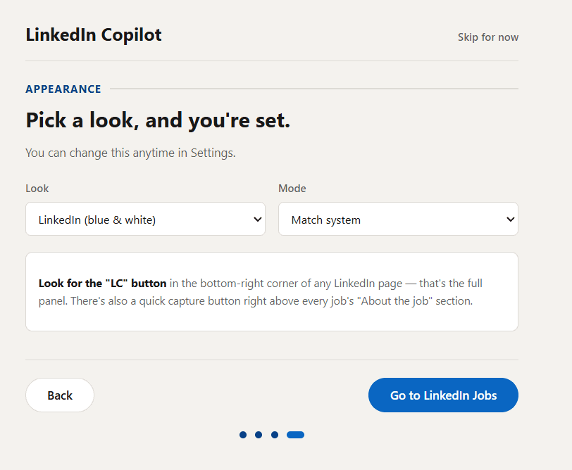 4. Appearance - pick a look and jump into LinkedIn Jobs